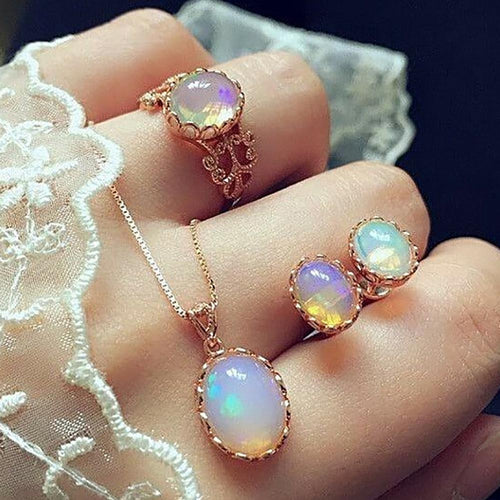 DreamBell 3 Pcs/set Women Jewelry Set Female Gold Color Luxury Opal Ring Stud Earrings Pendant Necklace Wedding Jewelry Set