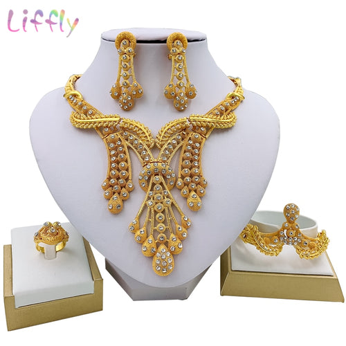 LIFFLY Dubai Jewelry Sets Big Necklace Classic Water Drop Shape Bracelet Earrings Ring for Women Wedding Jewelry Sets for Bride